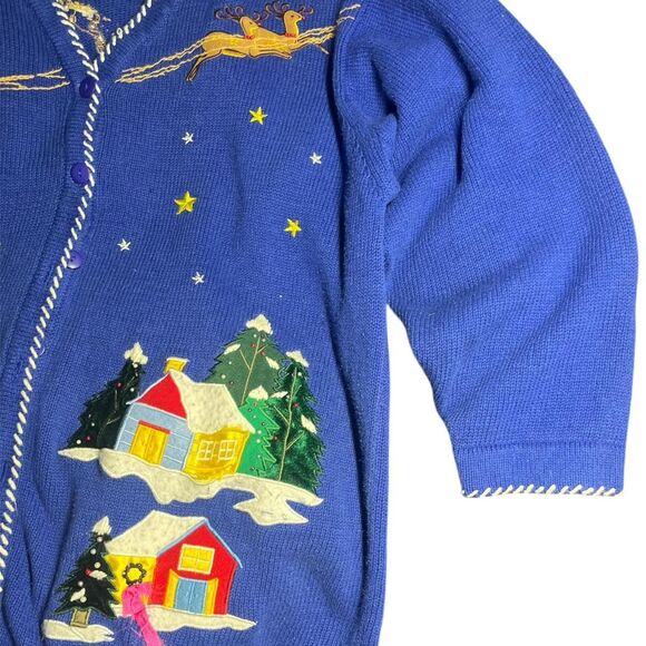 Vtg Quacker Factory Blue Christmas Cardigan Santa Sleigh Reindeer Houses XL - Picture 4 of 8